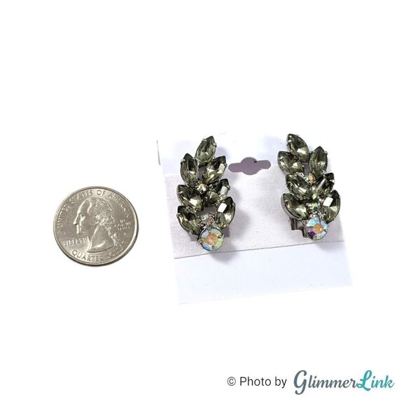 VTG Smoky Gray Navettes & AB Rhinestones Ear Climber Silver Tone Clip On Ear - Picture 4 of 9